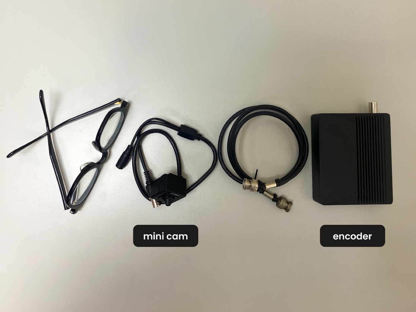The build laid out — glasses, mini camera and video encoder